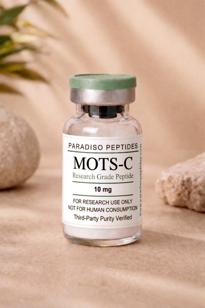 MOTS-c 10mg research peptide vial, lyophilized powder, >99% purity, third-party tested, USA made, research use only