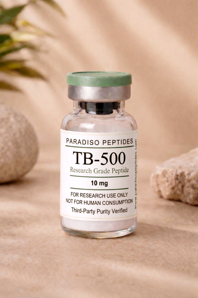 TB-500 10mg research peptide vial, lyophilized powder, >99% purity, third-party tested, USA made, research use only