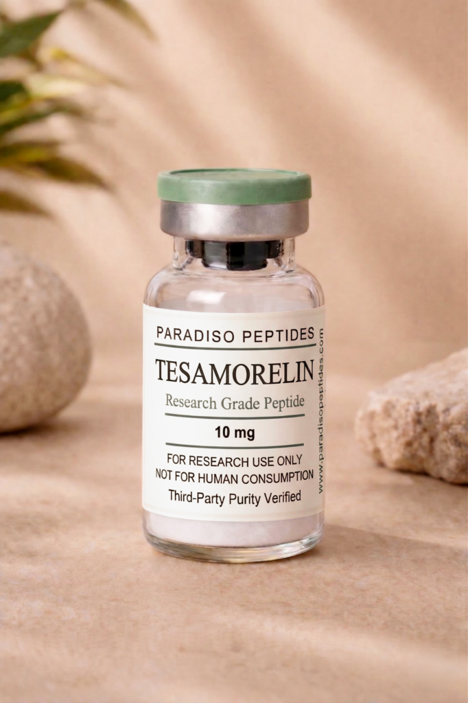 Tesamorelin 10mg research peptide vial, lyophilized powder, >99% purity, third-party tested, USA made, research use only